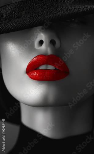 Stylish mannequin with red lips and a black hat A close-up view of a mannequin's face showcasing bold red lips highlighted by a dark hat, emphasizing a striking fashion statement.