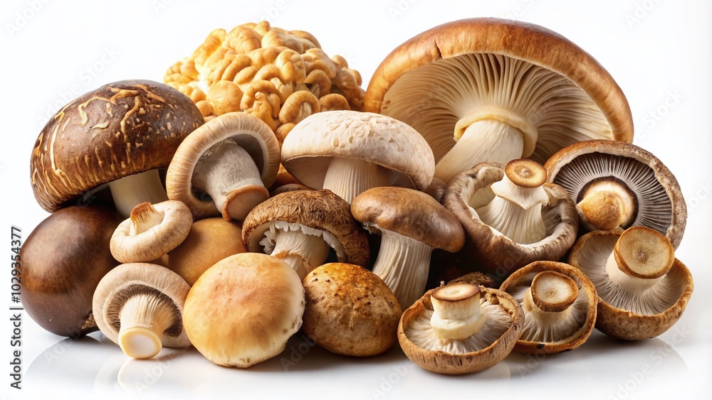 Fresh Organic Mushrooms Isolated on White Background for Healthy Cooking and Nutrition Concepts Fresh Organic Mushrooms Isolated on White Background for Healthy Cooking and Nutrition Concepts