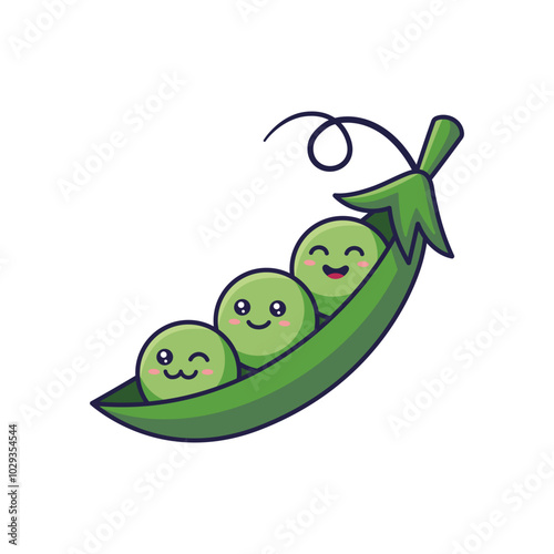 Peas kawaii characters. Cute Kawaii pea pod cartoon icon illustration. Food vegetable flat icon concept isolated on white background. Doodle style print illustration for kids clothing.