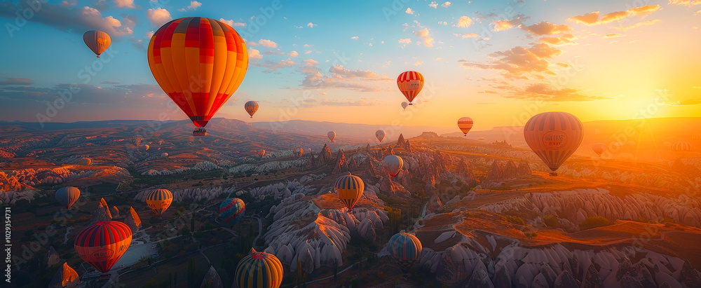 Naklejka premium Hot air balloons soaring over Cappadocia at sunset Colorful hot air balloons float gracefully above Cappadocia's unique rock formations during a stunning sunset.