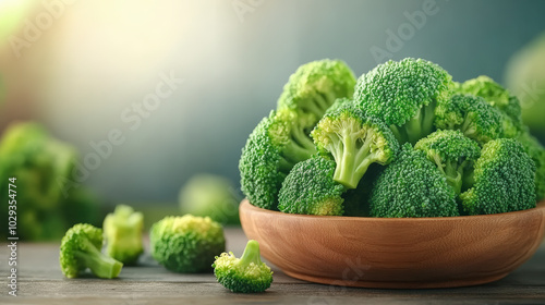 A wooden bowl filled with fresh, vibrant green broccoli florets sits on a rustic table, basking in soft, natural sunlight.