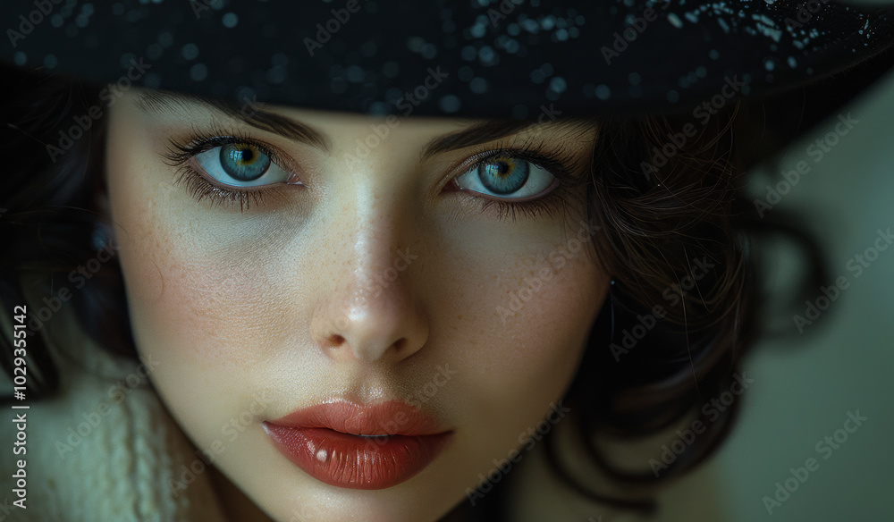 Woman with blue eyes and a hat A woman gazes intensely, showcasing her captivating blue eyes and the elegance of her wide-brimmed hat.