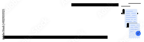 Documents with profile icons and checkmarks represent validation and verification processes. Black text blocks indicate important information. Ideal for administrative tasks, legal processes