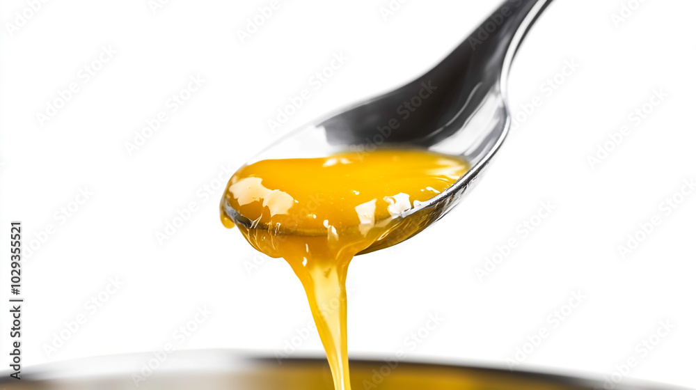 Golden Honey Dripping from Spoon Isolated on White Background Golden Honey Dripping from Spoon Isolated on White Background