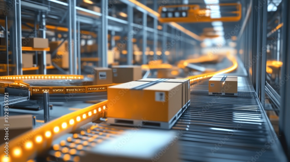 Modern distribution center with automated sorting systems and efficient packaging operations, highlighting logistics efficiency