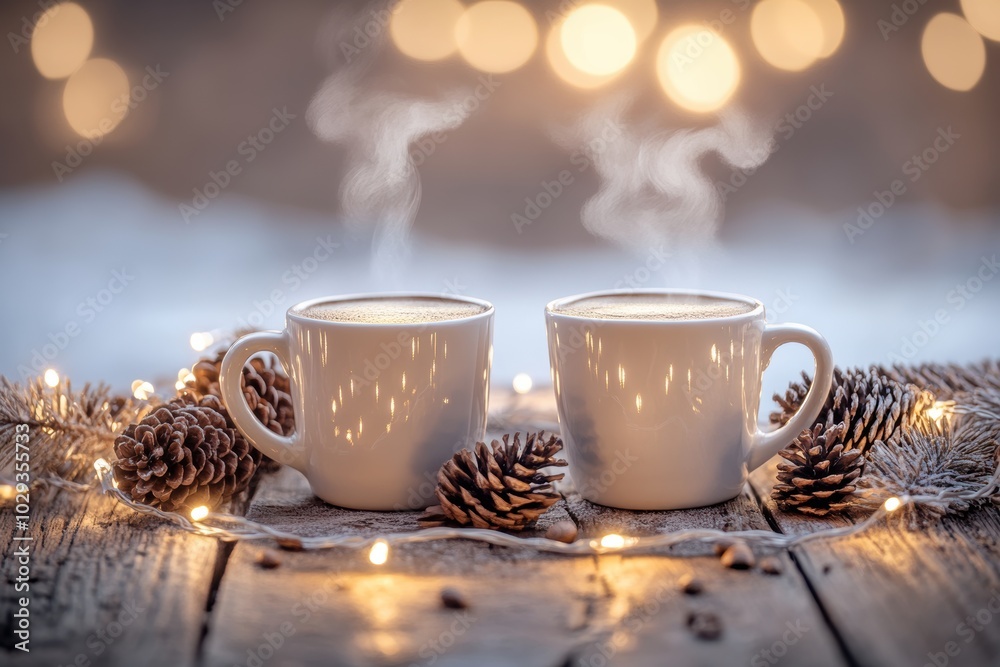Obraz premium winter coffee scene, cozy scene hot winter coffee in mugs, on a wooden table with pinecones and fairy lights