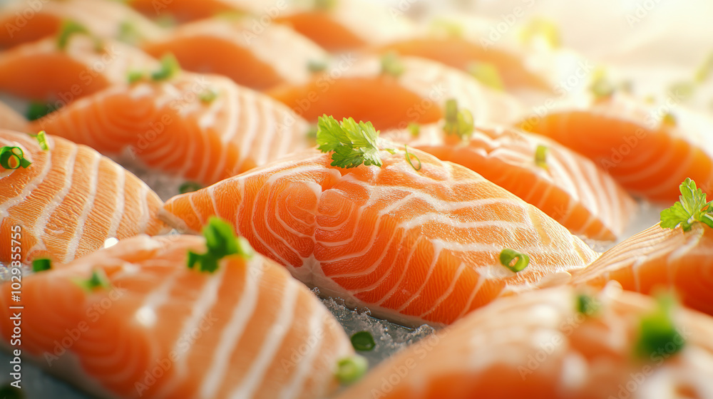 Sliced salmon sashimi beautifully arranged, garnished with fresh green herbs. Sunlight enhances the vibrant orange hues and delicate marbling of the fish. Sliced salmon sashimi beautifully arranged, garnished with fresh green herbs. Sunlight enhances the vibrant orange hues and delicate marbling of the fish.