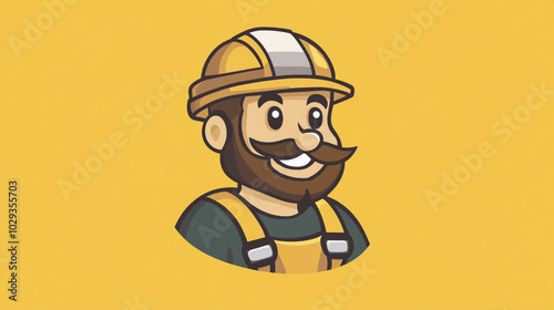 Cartoon Construction Worker with Hard Hat and Mustache