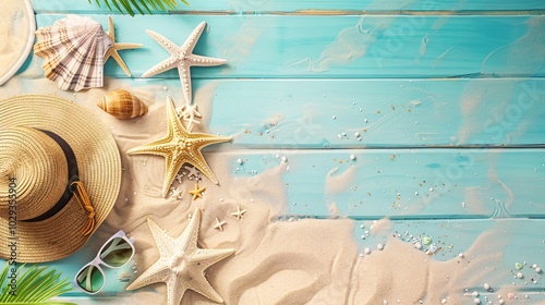 Beach Accessories On Blue Plank Summer Holiday