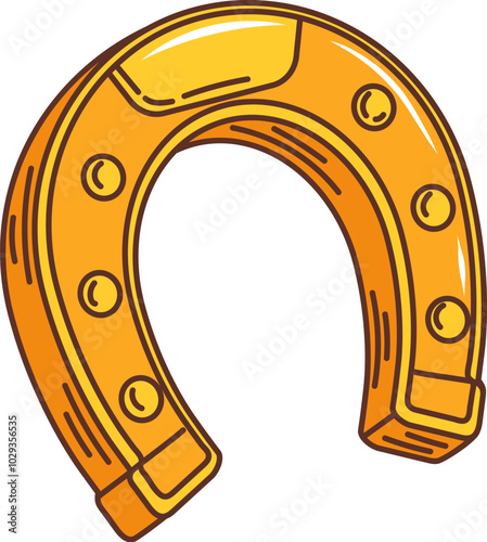 Cartoon groovy golden horseshoe, saint Patrick day holiday symbol of luck and prosperity. Isolated vector sign of Ireland festival celebrations, merging retro traditions with festive folklore legends