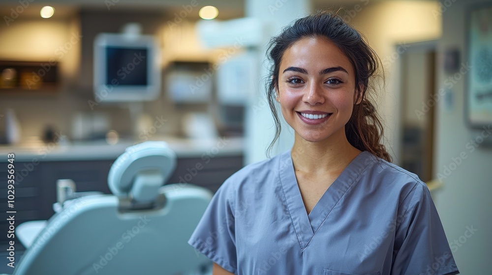 Fototapeta premium A smiling dental assistant in scrubs poses confidently in a modern dental clinic with advanced equipment
