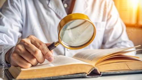 Doctor examining book with magnifying glass in wellness office, warm lighting, focused attention