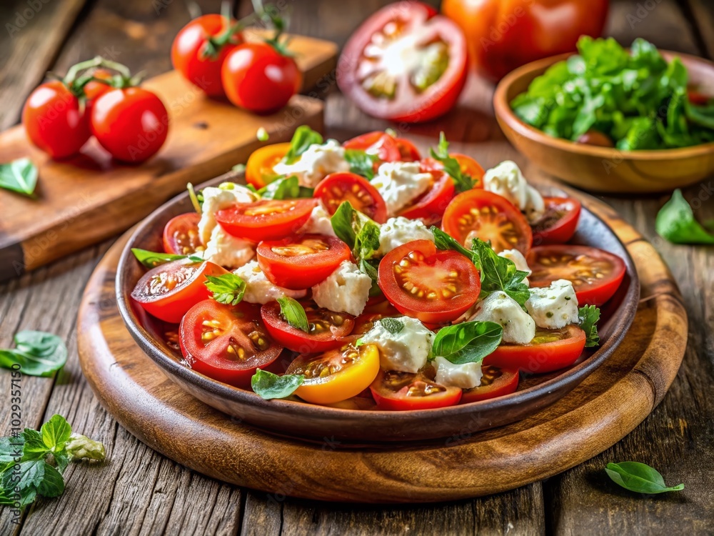 Fresh Tomato and Cheese Salad on Rustic Wooden Plates - Healthy Food Photography Fresh Tomato and Cheese Salad on Rustic Wooden Plates - Healthy Food Photography
