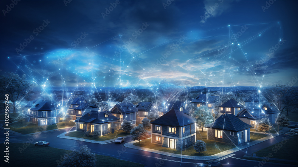 Modern housing estate of single-family houses with a holographic network of connections, smart homes, sustainable development, energy sharing, using 5G to optimize energy consumption and cloud-based v Modern housing estate of single-family houses with a holographic network of connections, smart homes, sustainable development, energy sharing, using 5G to optimize energy consumption and cloud-based v