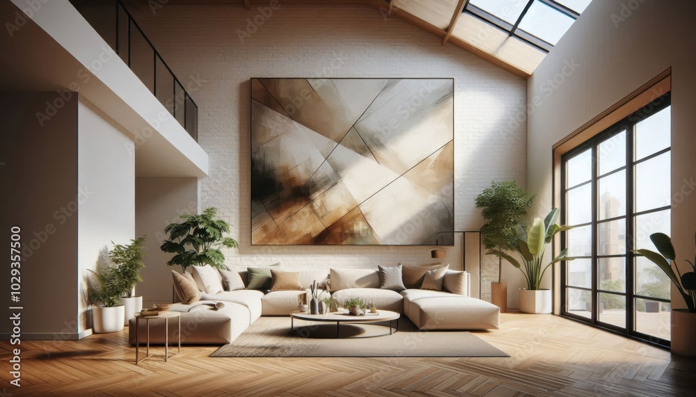 modern living room, minimalist interior design, large abstract painting, floor-to-ceiling windows, natural light, wooden floors, beige L-shaped sofa, potted plants, white brick walls, coffee table, ta modern living room, minimalist interior design, large abstract painting, floor-to-ceiling windows, natural light, wooden floors, beige L-shaped sofa, potted plants, white brick walls, coffee table, ta