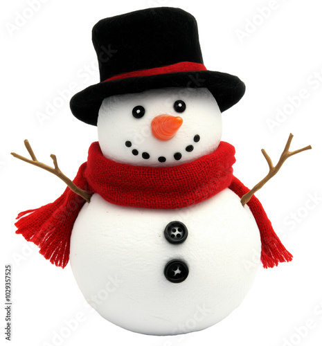 A jolly snowman wearing a red scarf and black hat, with a carrot nose and stick arms, against a white backdrop.