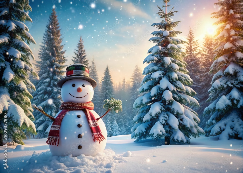 Obraz premium Vintage Winter Wonderland: Snowman in Forest Scene
