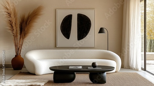 Minimalist living room, curved white sofa, black round coffee table, abstract black shape artwork, beige walls, sisal rug, black table lamp, dried pampas grass, window with sheer curtains, monochromat photo