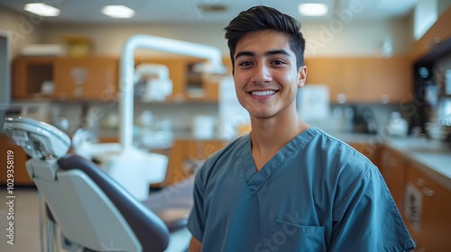 Young dental assistant wearing scrubs smiles in a dental clinic during a busy afternoon shift