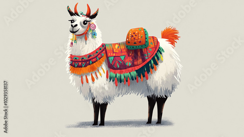 Cute Llama with Colorful Saddle and Ornaments