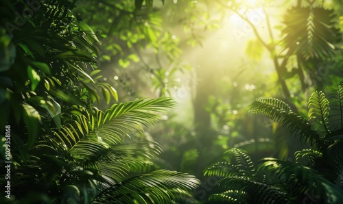 Lush tropical rainforest with sunlight filtering through dense foliage, 4K hyperrealistic photo