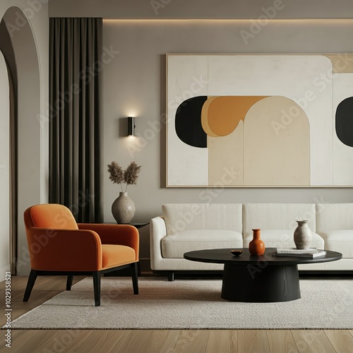 Modern minimalist living room, abstract art, warm color palette, orange armchair, white sofa, black coffee table, geometric shapes, natural light, wooden floor, textured rug, sleek floor lamp, ceramic