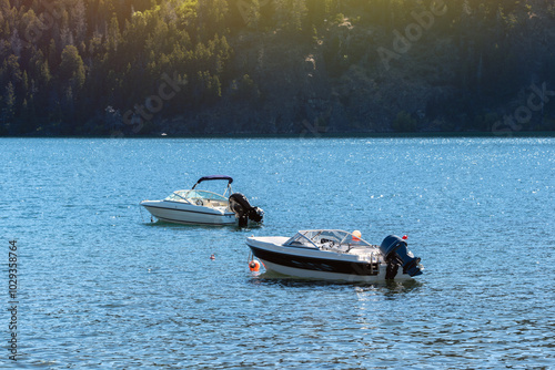 Anchored White Motorboats on Sparkling Blue Water with Forested Background