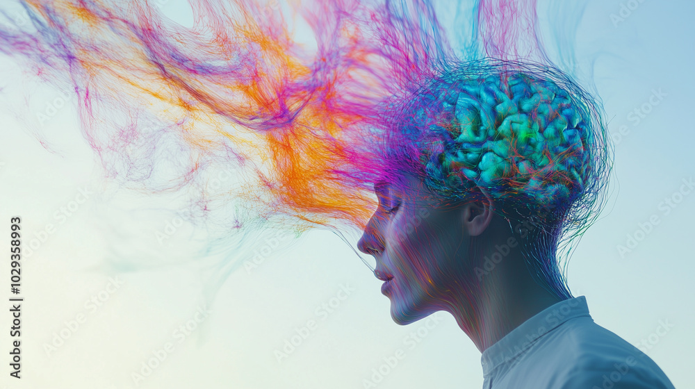 A Vibrant Representation of Neurodiversity Showcasing Colorful Neural Connections Emanating From a Thoughtful Individual’s Mind