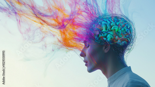 Obraz na płótnie A Vibrant Representation of Neurodiversity Showcasing Colorful Neural Connections Emanating From a Thoughtful Individual’s Mind w salonie