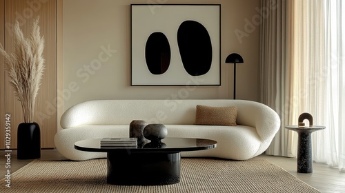 Minimalist living room, curved white sofa, black round coffee table, abstract black shape artwork, beige walls, sisal rug, black table lamp, dried pampas grass, window with sheer curtains, monochromat photo