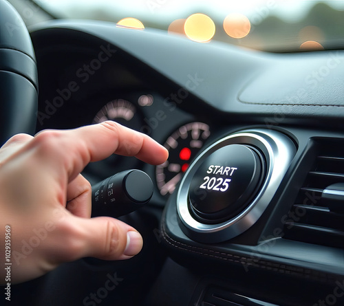 Finger is about to press the ignition button of the car with the text 2024 start.