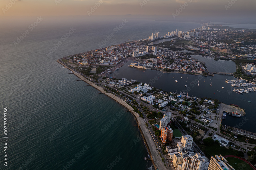 Fototapeta premium Beautiful aerial view of Bocagrande Hotel area in the upmarket area popular for its long, sandy beaches backed by palm-lined promenades0 Cartagena Colombia