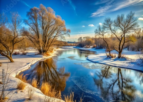 Frozen River Landscape in Early Spring, Russia - Nature Photography