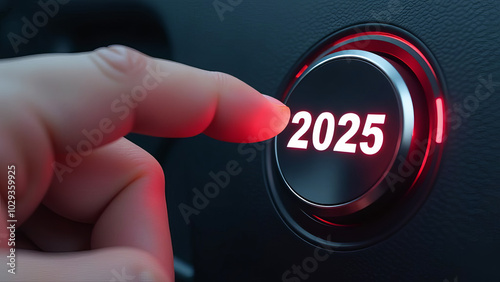 Finger is about to press the ignition button of the car with the text 2024 start.