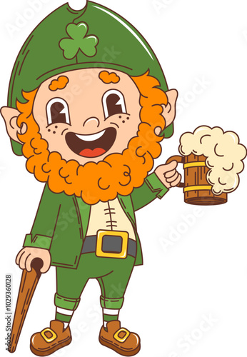 Cartoon retro groovy leprechaun character with beer, saint patrick day holiday personage. Isolated vector cheerful dwarf with red beard, bright green suit and top hat, merrily holds a frothy beer mug