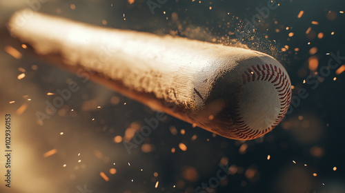 A close-up of a baseball bat hitting the ball, the moment of impact frozen in time. The ball compresses slightly from the force of the hit, while the batter’s arms flex with strength and focus. photo