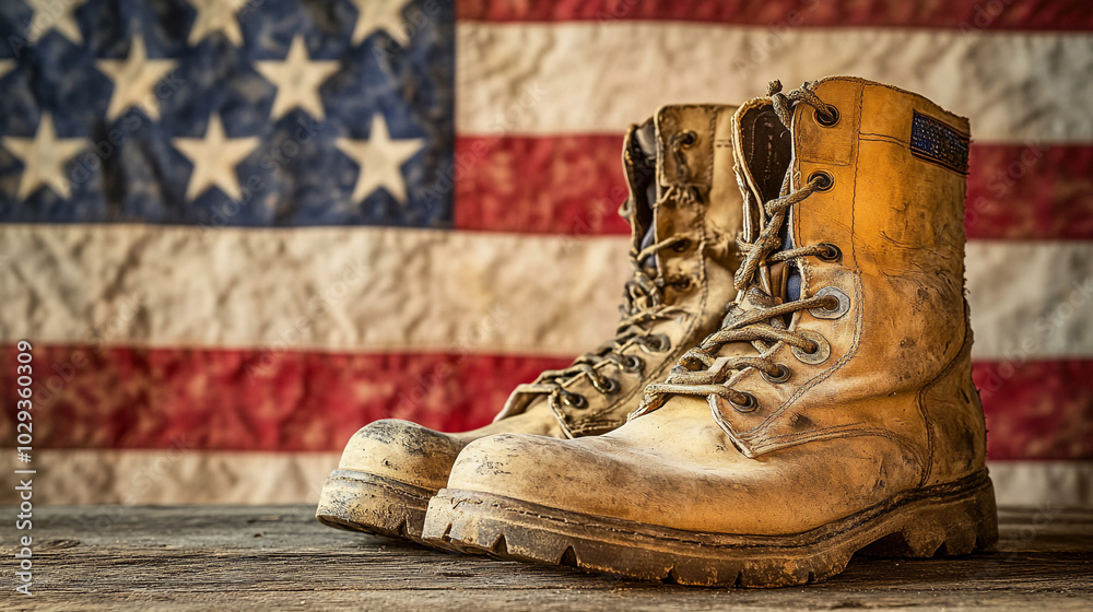 Worn Boots Against American Flag Background Patriotism Military Veterans Worn Boots Against American Flag Background Patriotism Military Veterans