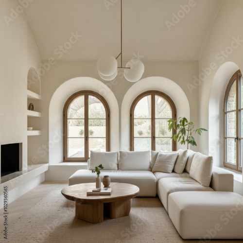 Bright modern living room, arched windows, white walls, built-in fireplace, large white sectional sofa, round wooden coffee table, pendant light fixture, indoor plant, minimalist decor, natural light,