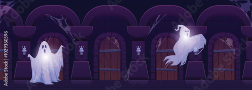 A Halloween theme featuring a group of evil transparent white ghosts in an abandoned dungeon