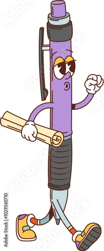 Groovy school pen character confidently walking with paper scroll in hand and hippie sneakers. Isolated cartoon vector educational y2k funky stationery, writing tool personage, featuring retro vibes