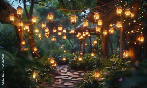 Lantern-lit garden party in twilight, 4K hyperrealistic photo