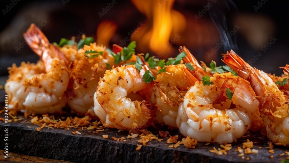 Shrimp in crispy breading on a black stone plate. Shrimp in crispy breading on a black stone plate.