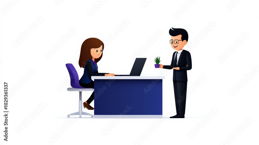 Business Deal Closed: Cartoon Illustration of a successful business transaction. A businessman presents a potted money tree to a businesswoman at her desk. Business Deal Closed: Cartoon Illustration of a successful business transaction. A businessman presents a potted money tree to a businesswoman at her desk.