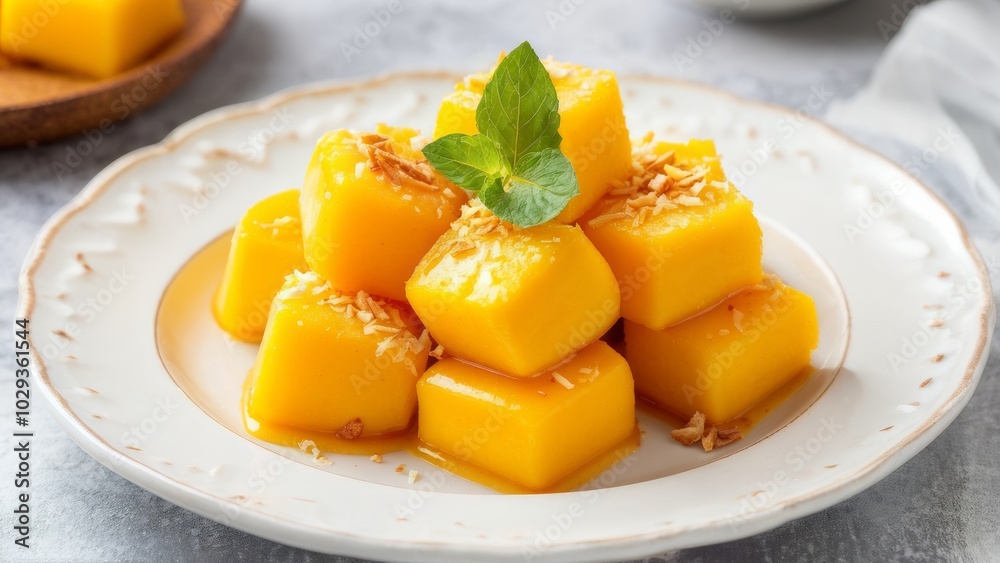 Mango slices with coconut cooked in a deep fryer, German dessert. Mango slices with coconut cooked in a deep fryer, German dessert.