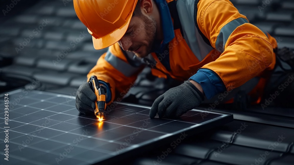 Solar Panel Installation: A skilled technician meticulously installs a solar panel on a rooftop, showcasing the expertise and detail involved in renewable energy solutions. Solar Panel Installation: A skilled technician meticulously installs a solar panel on a rooftop, showcasing the expertise and detail involved in renewable energy solutions.