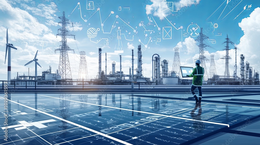 Obraz premium Asian engineer working in futuristic smart city industrial landscape