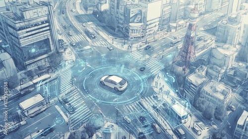 Aerial view of futuristic city with autonomous electric car