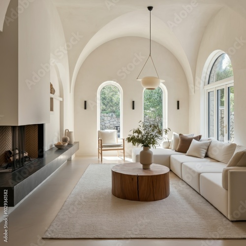 Bright modern living room, arched windows, white walls, built-in fireplace, large white sectional sofa, round wooden coffee table, pendant light fixture, indoor plant, minimalist decor, natural light,