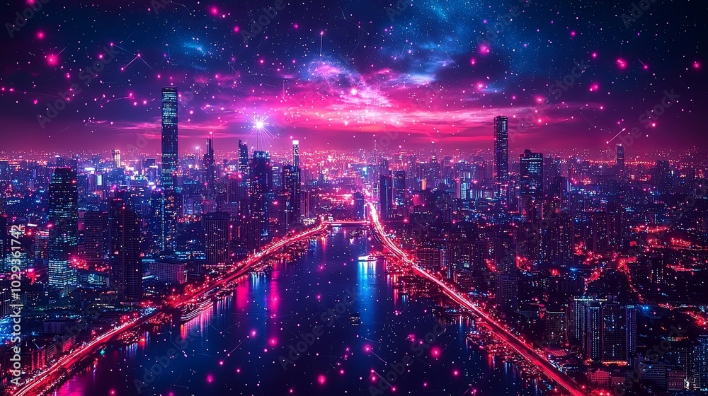 Obraz premium Illuminated futuristic cityscape with vibrant neon pink and purple lights