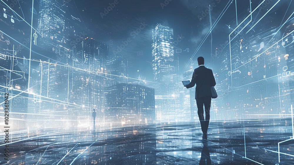 Obraz premium Futuristic businessman exploring digital cityscape with technology overlay